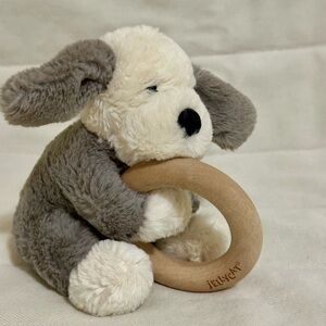 Jellycat Grey and Cream Plush Puppy with Wooden Teether Ring